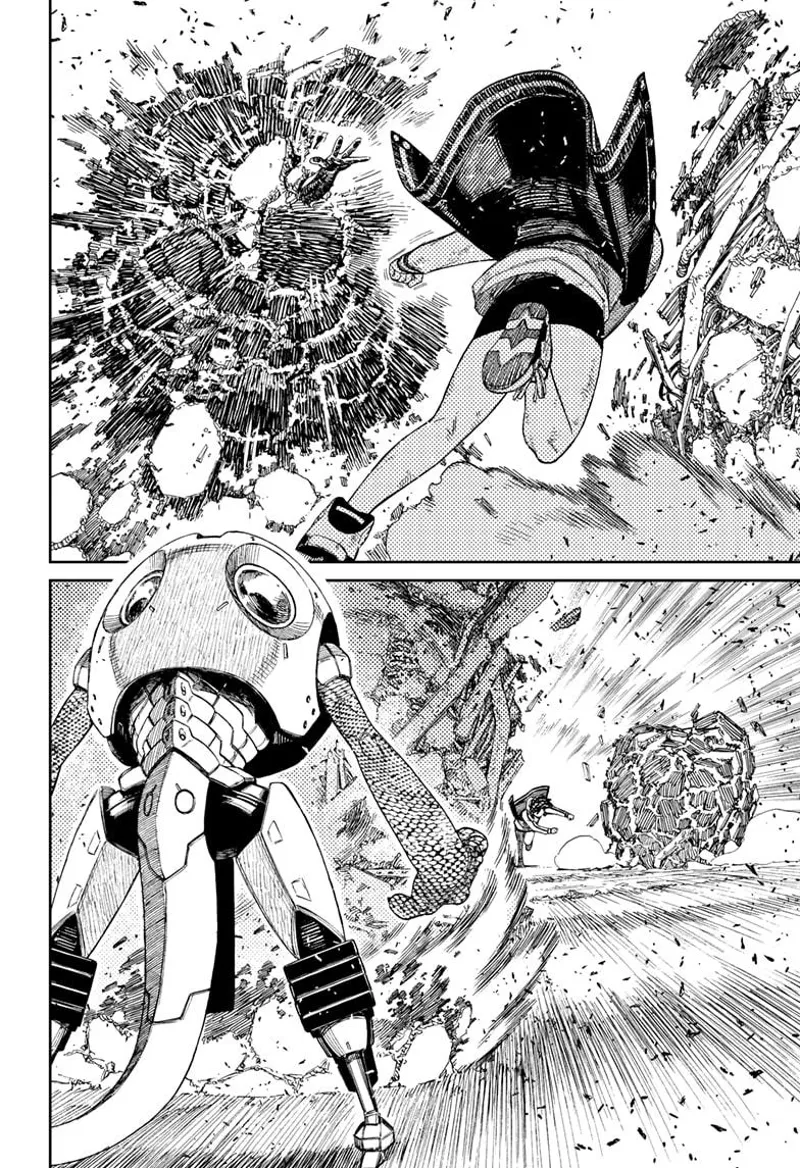 Momo traps the skinny alien inside rubbles. The alien leader watches as the debris approaches him.