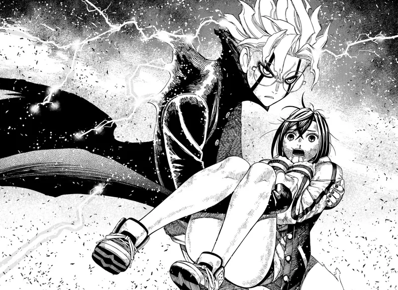 Momo sees cursed Okarun catching her in his arms while electric shocks appear around him.