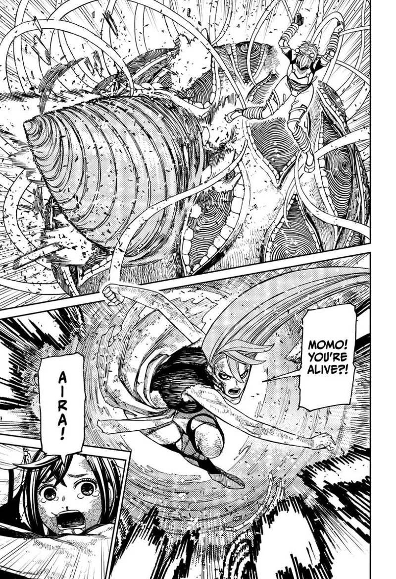 Aira arrives and punches a hole in the alien octopus's head.