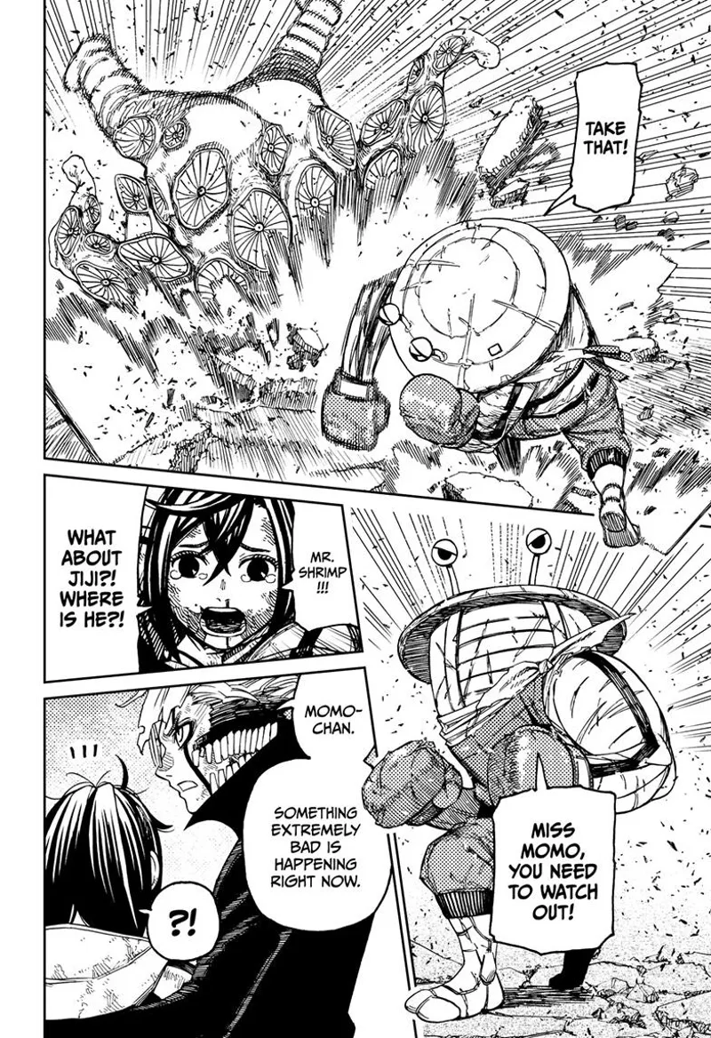 Mr. Shrimp punches another alien and throws him to the ground. Okarun tells Momo something bad is happening.