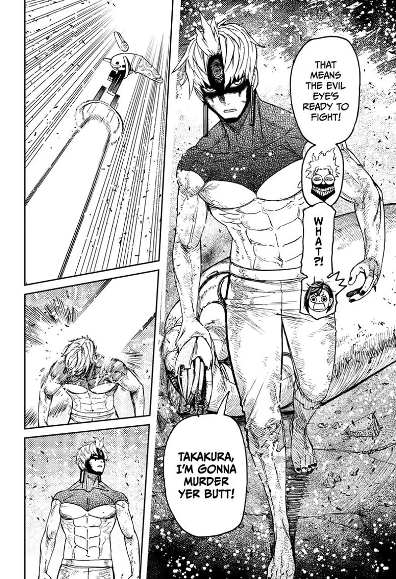 Evil Eye suddenly appears and wants to fight Okarun. She looks up after getting hit by a laser.