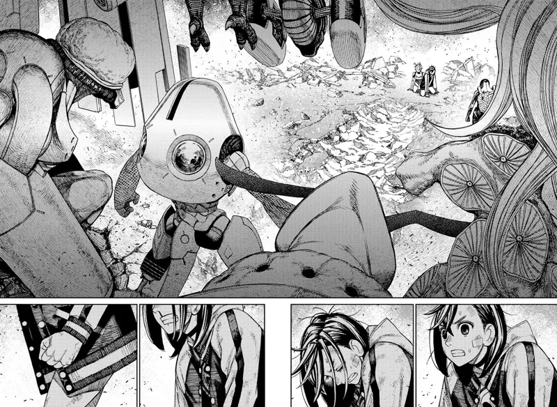 Momo kneels in anger as the aliens stand before her, ready to attack.