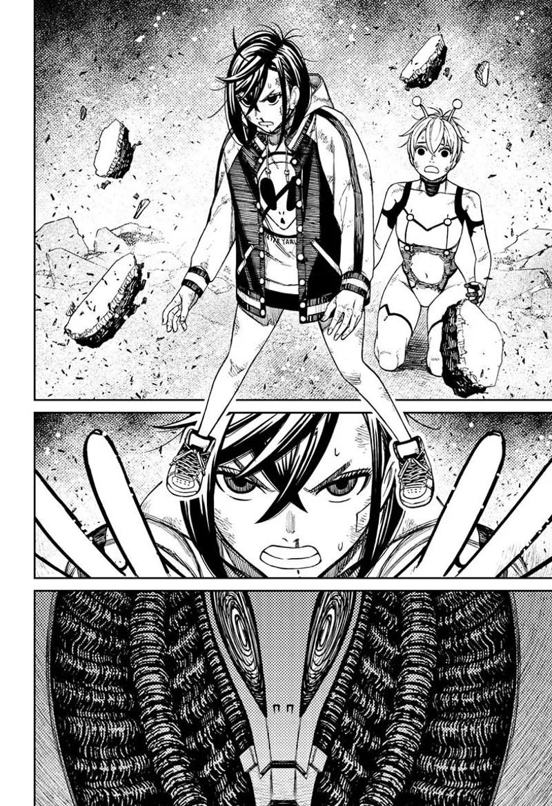 Momo stands and puts her hand forward as she faces the alien leader.