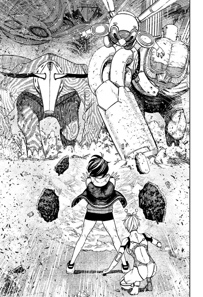 The alien leader disappears, but the other aliens walk toward Momo, who tries to push them back with her powers.