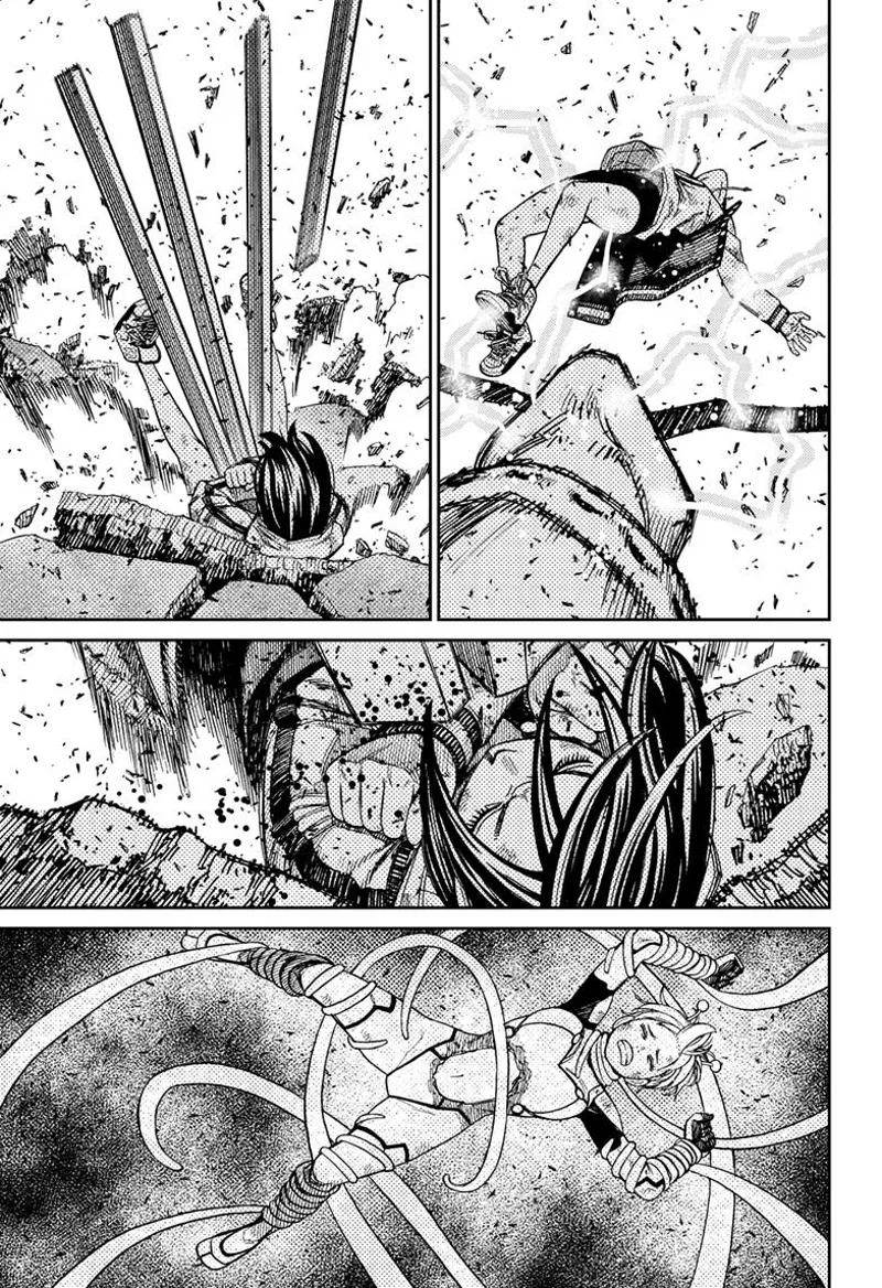 Momo gets electrocuted, and bars of metal are thrust into her chest. Tentacles grab Vamola's limbs.