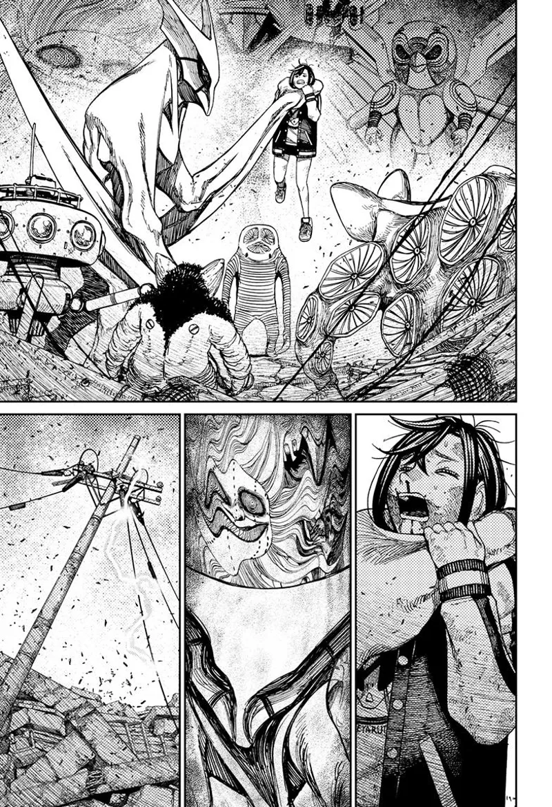 Momo struggles as the alien grabs her neck. The electrical post nearby sparks.