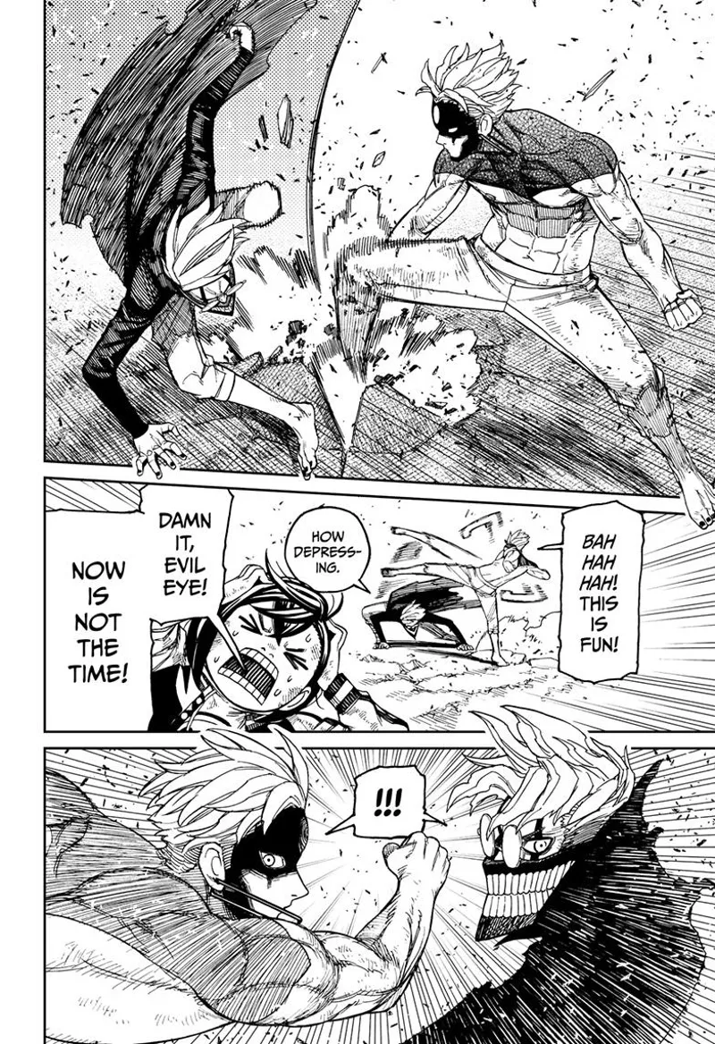 Evil Eye stomps Okarun, but he dodges. He kicks Okarun, and both of them notice something.