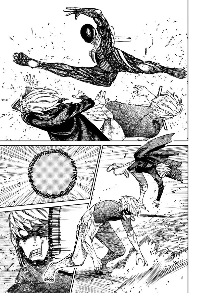 The skinny alien kicks cursed Okarun and Evil Eye in the face.