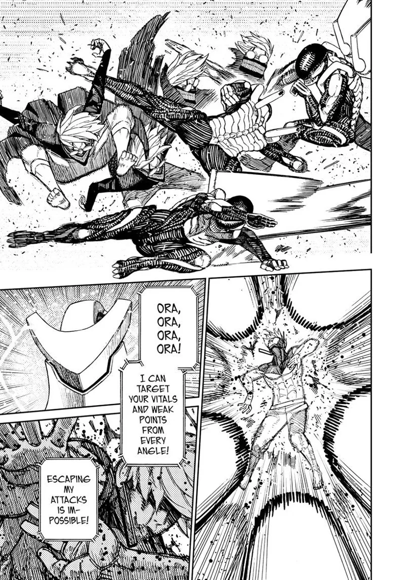 Cursed Okarun dodges as the skinny alien attacks him. Evil Eye is getting pummeled by the alien's blunt missiles.