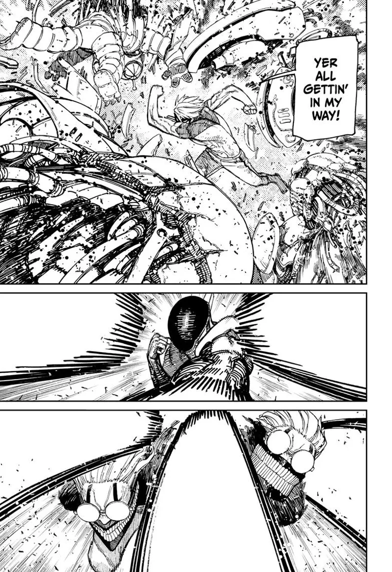 Evil Eye swiftly destroys the aliens getting in his way. Cursed Okarun fights the skinny alien.