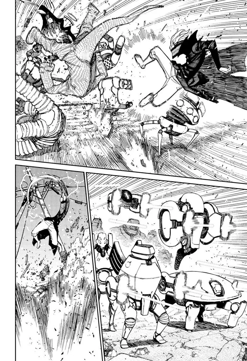 Okarun kicks several aliens in one go. The aliens fire at him, but he enters inside the electric cable.