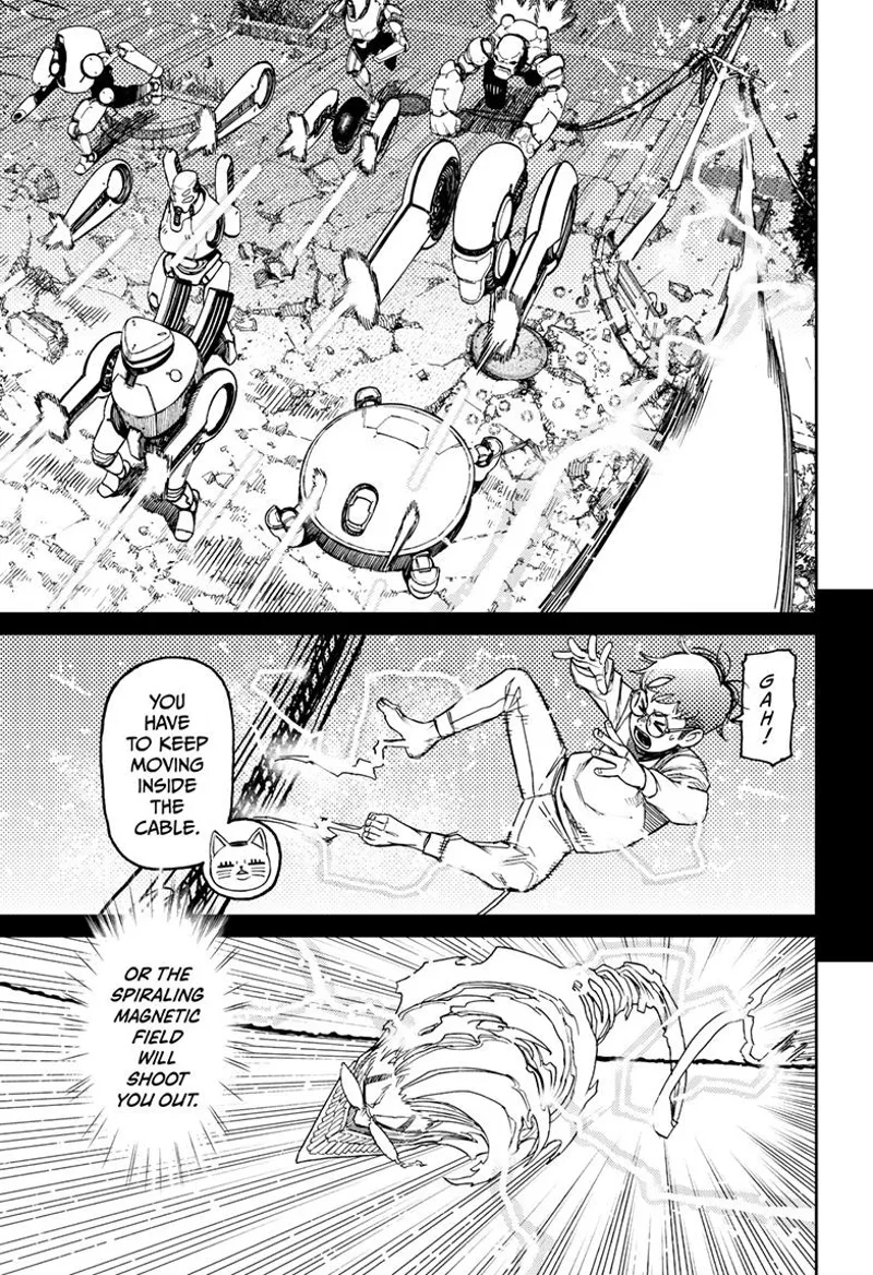 The aliens keep firing and cursed Okarun suddenly comes out from the cable.