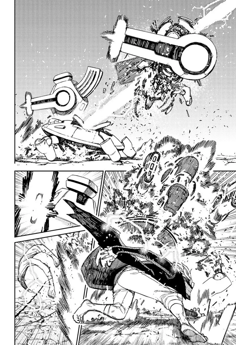 Cursed Okarun easily destroys two aliens. He goes back to the electrical cable again.