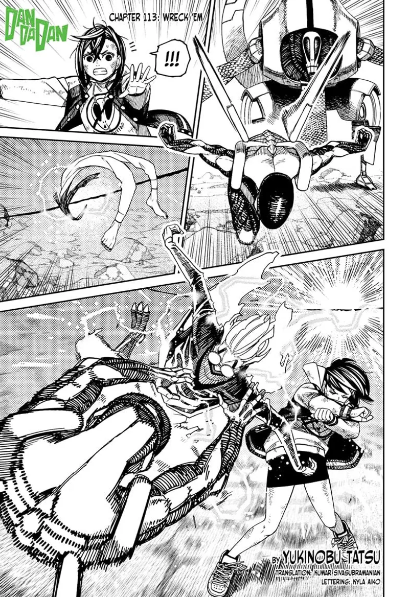 The skinny alien attacks Momo. Cursed Okarun enters the power line and reappears near Momo to kick the alien.