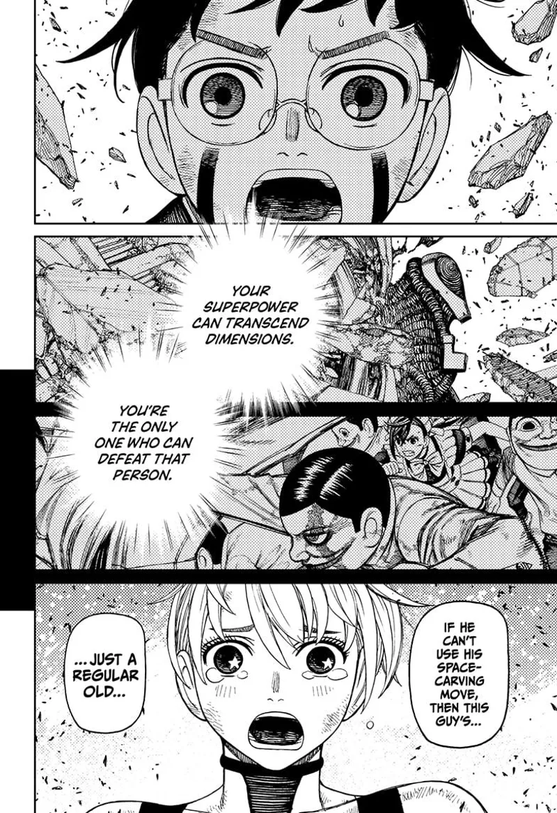 Okarun and Vamola are shocked to see the destruction on the alien leader's back. They recall Serpo's advice.