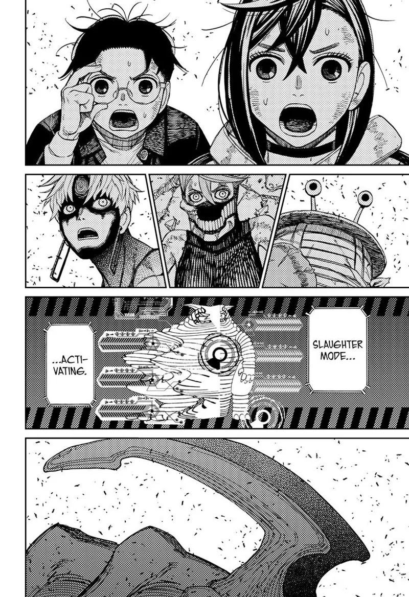 Momo, Okarun, Mr. Shrimp, cursed Aira, and Evil Eye are shocked after the Kaiju enters "Slaughter Mode."