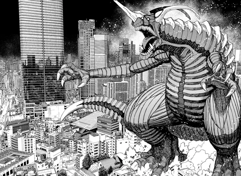 The Kaiju roars after becoming very ferocious, now with sharp claws, longer head horn, and visible bones at the back.