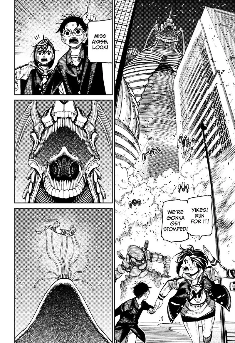 Momo and Okarun run to avoid the giant Kaiju. Okarun points to the Kaiju's mouth, and they see Vamola being held by tentacles.