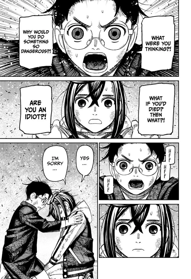 Okarun scolds Momo for doing something very dangerous.