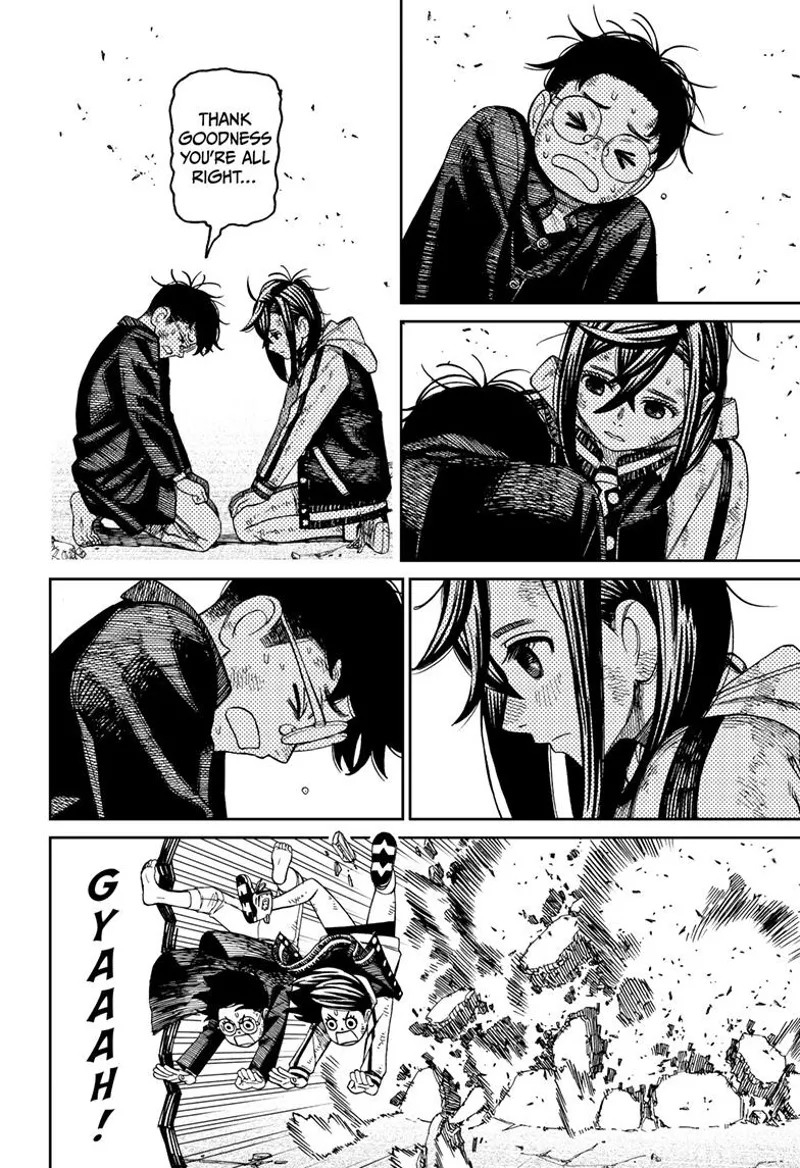 Momo and Okarun kneel, facing each other. They are suddenly blown away because of a nearby explosion.