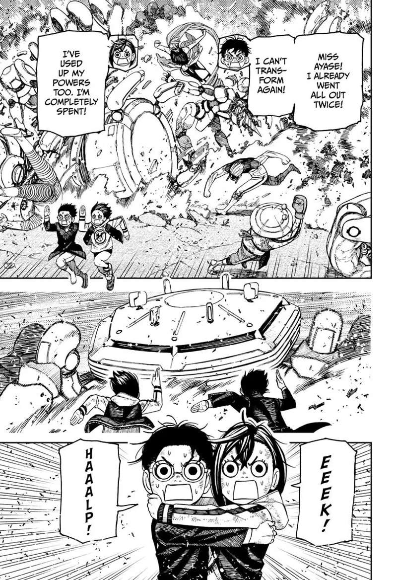 Momo and Okarun run while Mr. Shrimp, Evil Eye, and cursed Aira fight the remaining enemy aliens.