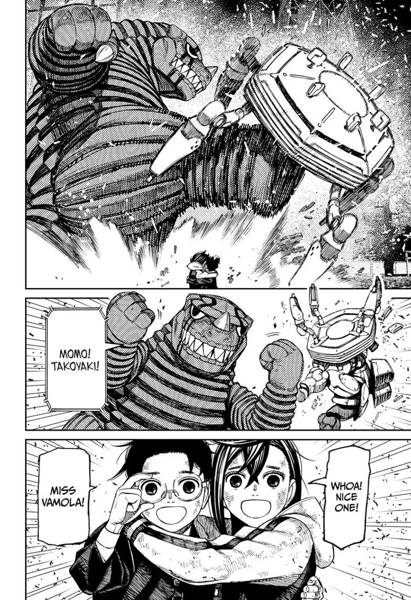 Kaiju Vamola appears and kicks the alien that are blocking Momo and Okarun.