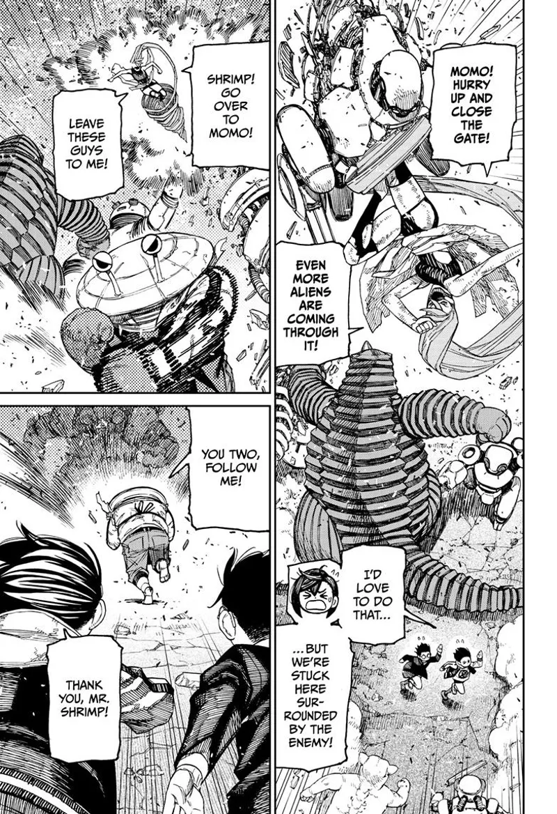 M. Shrimp dashes forward to lead the way. Momo and Okarun follow him to close the warp portal.