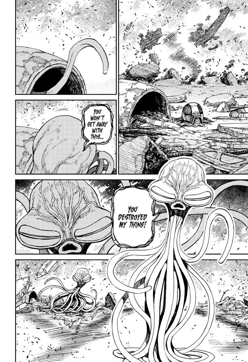 An alien that looks like an octopus appears from the alien leader's suit. It starts walking outside.