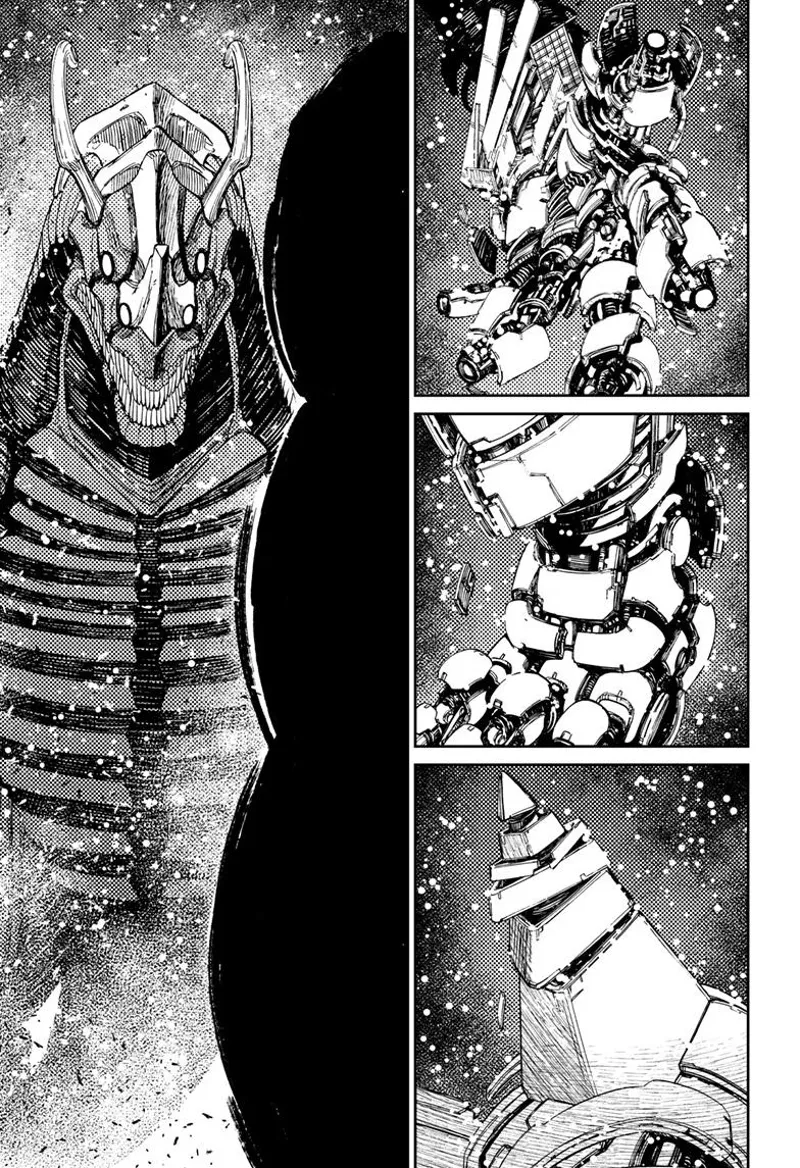 The Nanoskin starts forming into a Gundam robot. The Alien Kaiju watches the transformation.