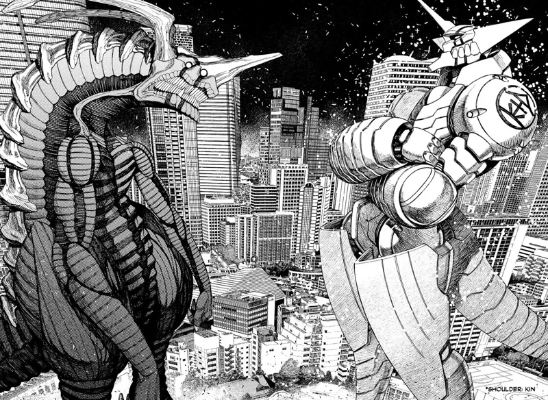 Kinta Gundam faces the alien Kaiju in the middle of the city.