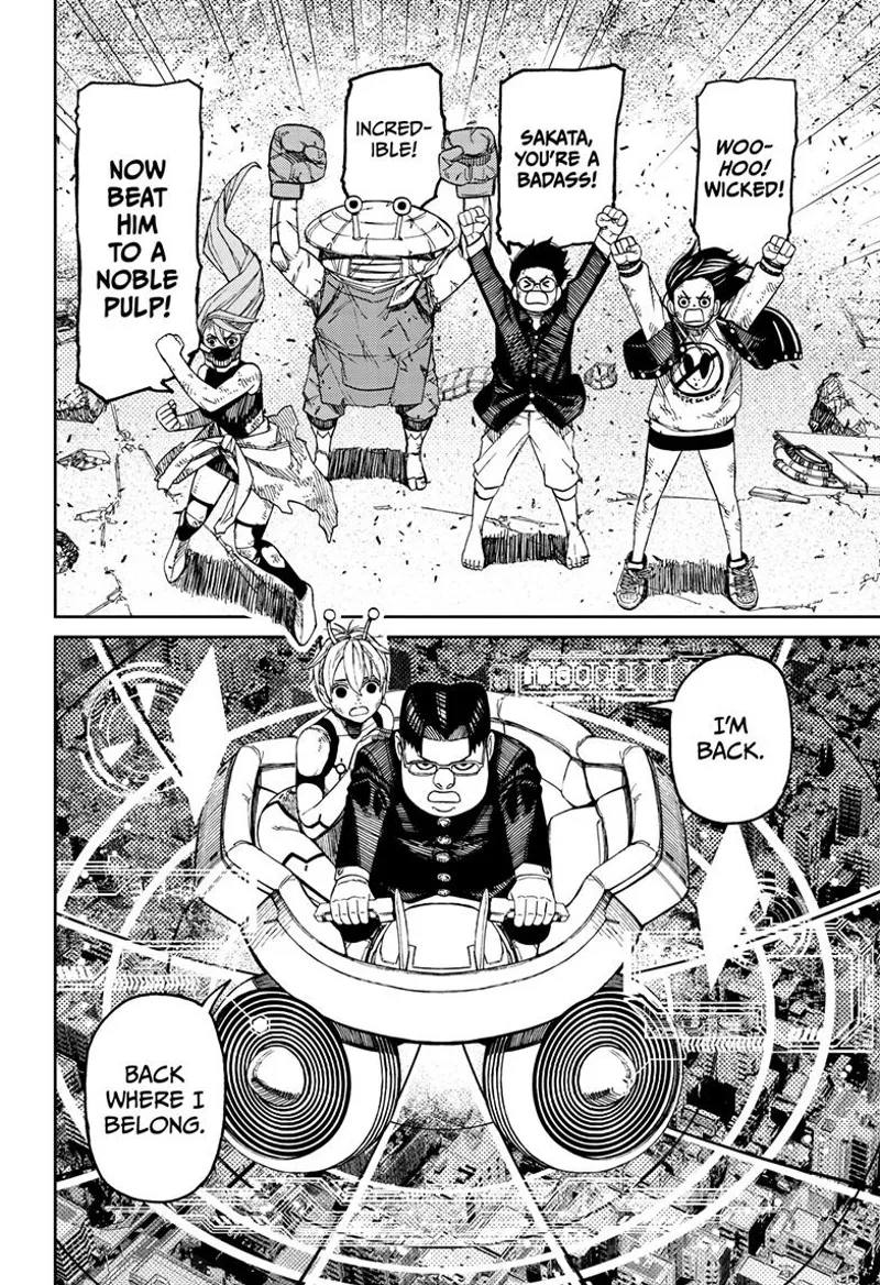 Momo, Okarun, Mr. Shrimp, and Cursed Aira cheer for Kinta's Gundam. Kinta is inside the robot with Vamola.