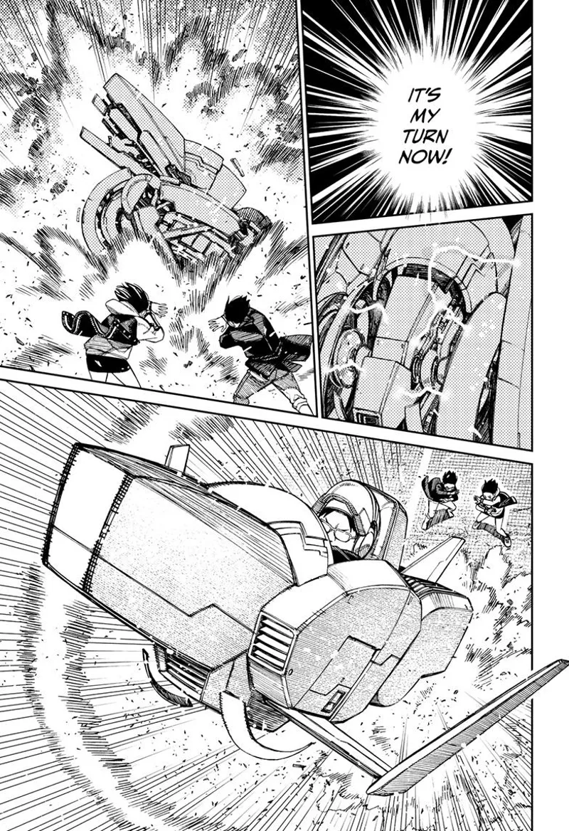 Momo and Okarun cover up as Kinta transforms his bike into a small aircraft.