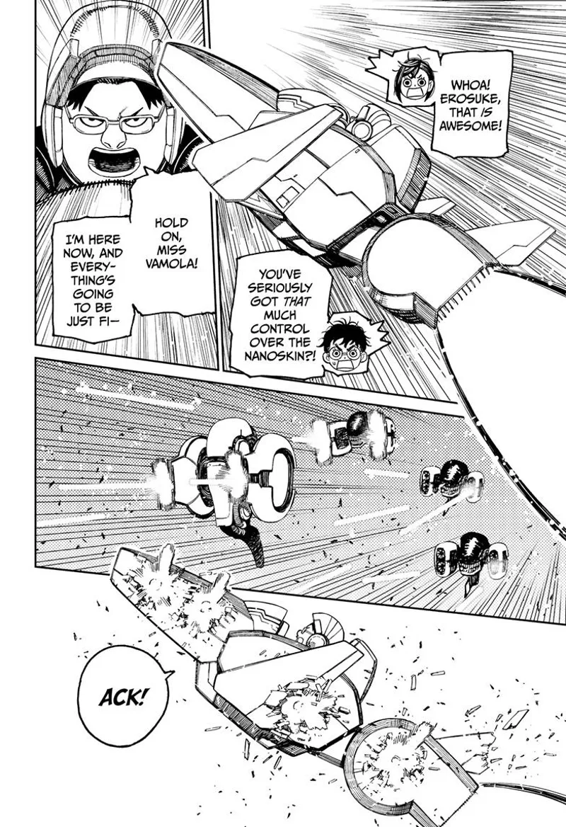 Momo and Okarun are impressed at Kinta's Nanoskin manipulation. Aliens hit Kinta's plane.