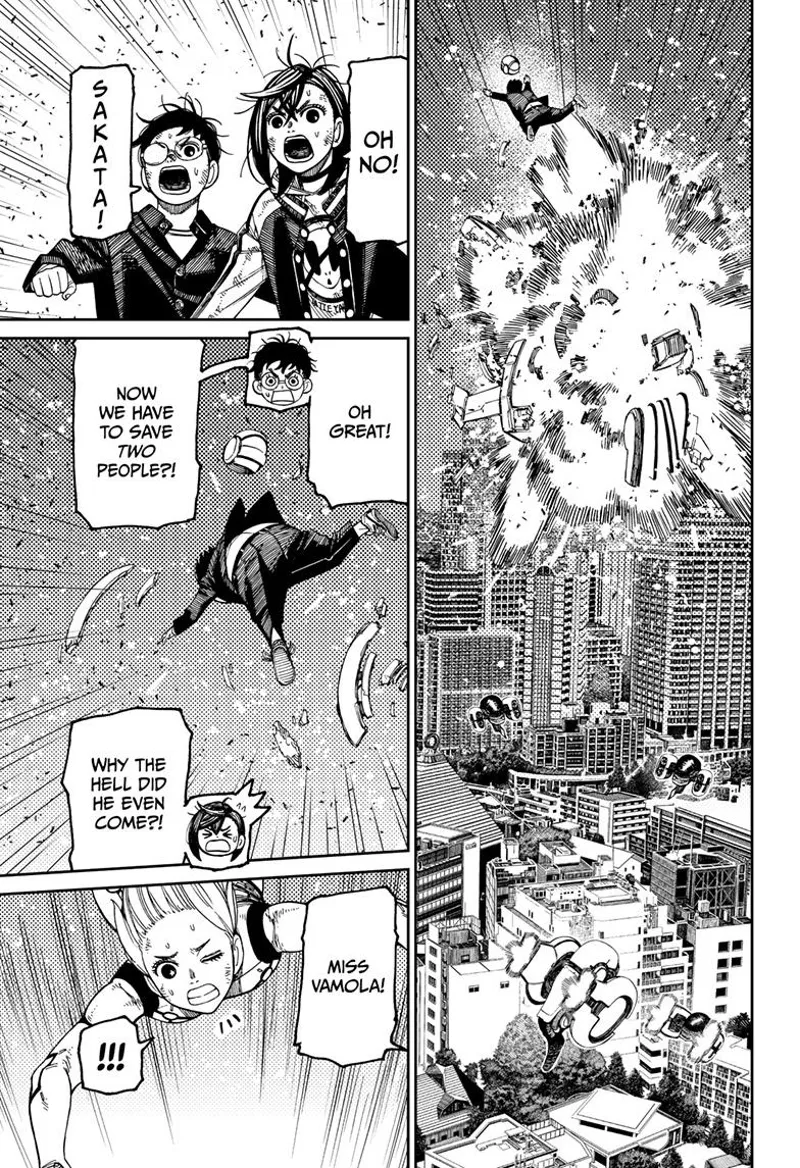 The plane explodes, and Kinta falls without a parachute. Vamola is still falling.