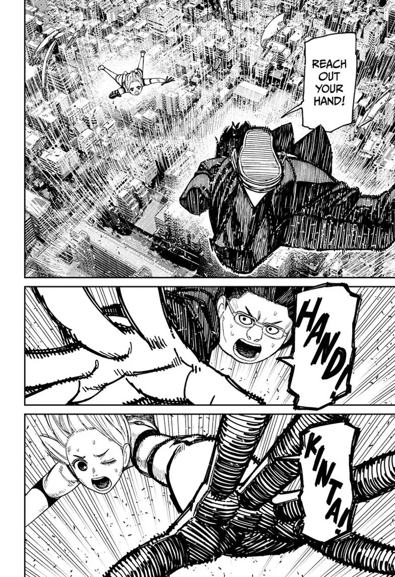 Kinta and Vamola reach out their hand to grab each other as they fall.