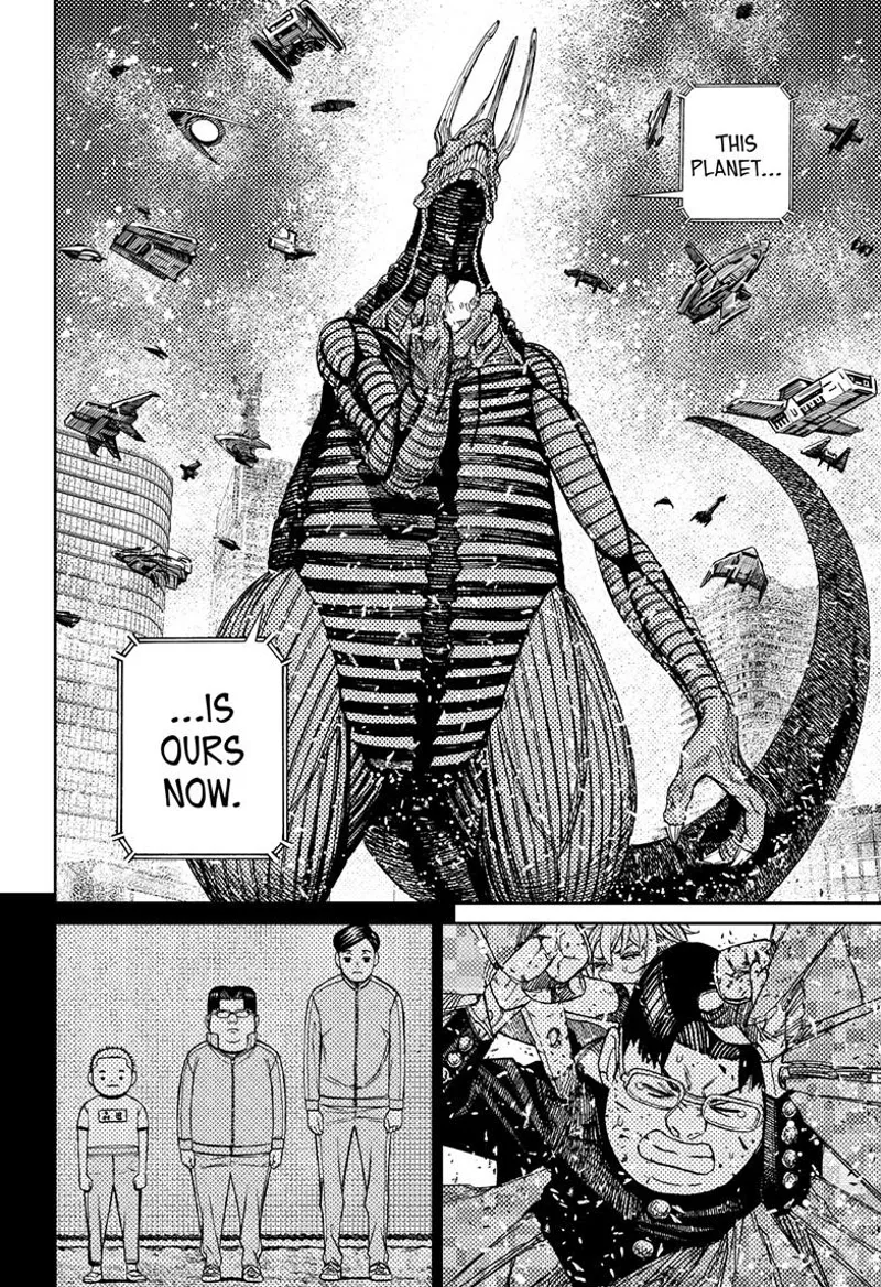 Alien Kaiju declares the planet is now theirs as alien spaceships hover around him. Kinta and Vamola struggle.