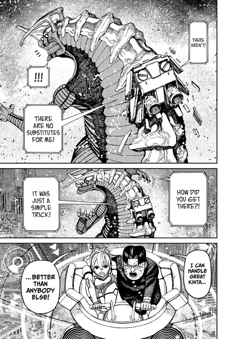 Kinta appears behind the alien Kaiju and latches on its back. He drives with Vamola in a machine like a jetpack.