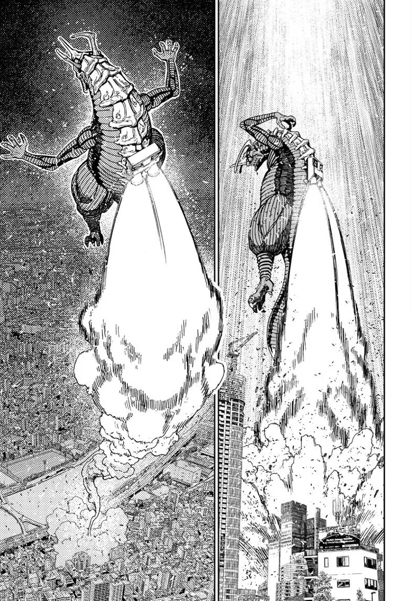 The Alien Kaiju flies as the jetpack latches at its back and blasts off.