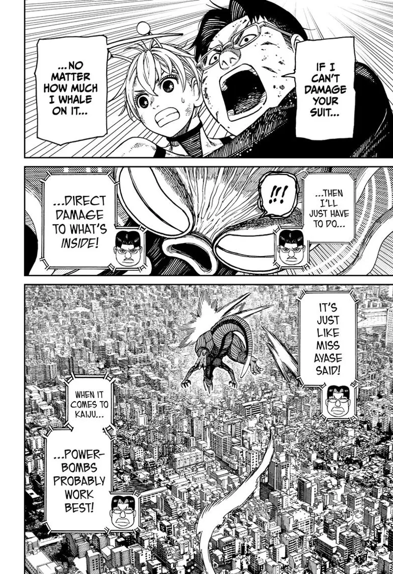 Kinta plans to powerbomb the alien Kaiju to damage the pilot inside. The fly above the city.