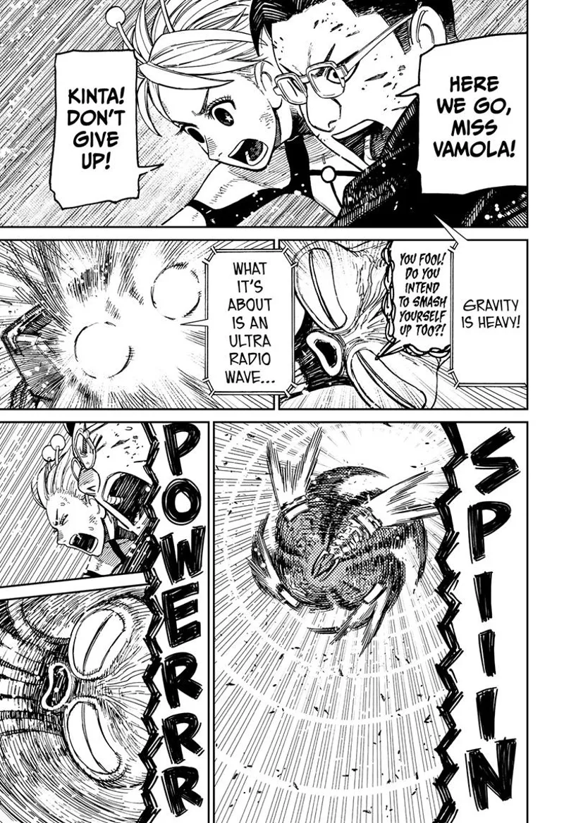 Kinta flies downward in a spiral fashion as he intends to smash the alien Kaiju to the ground.