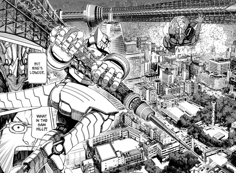 The Alien Kaiju picks the Japan Skytree Tower. He is about to clash against Kinta's Gundam.