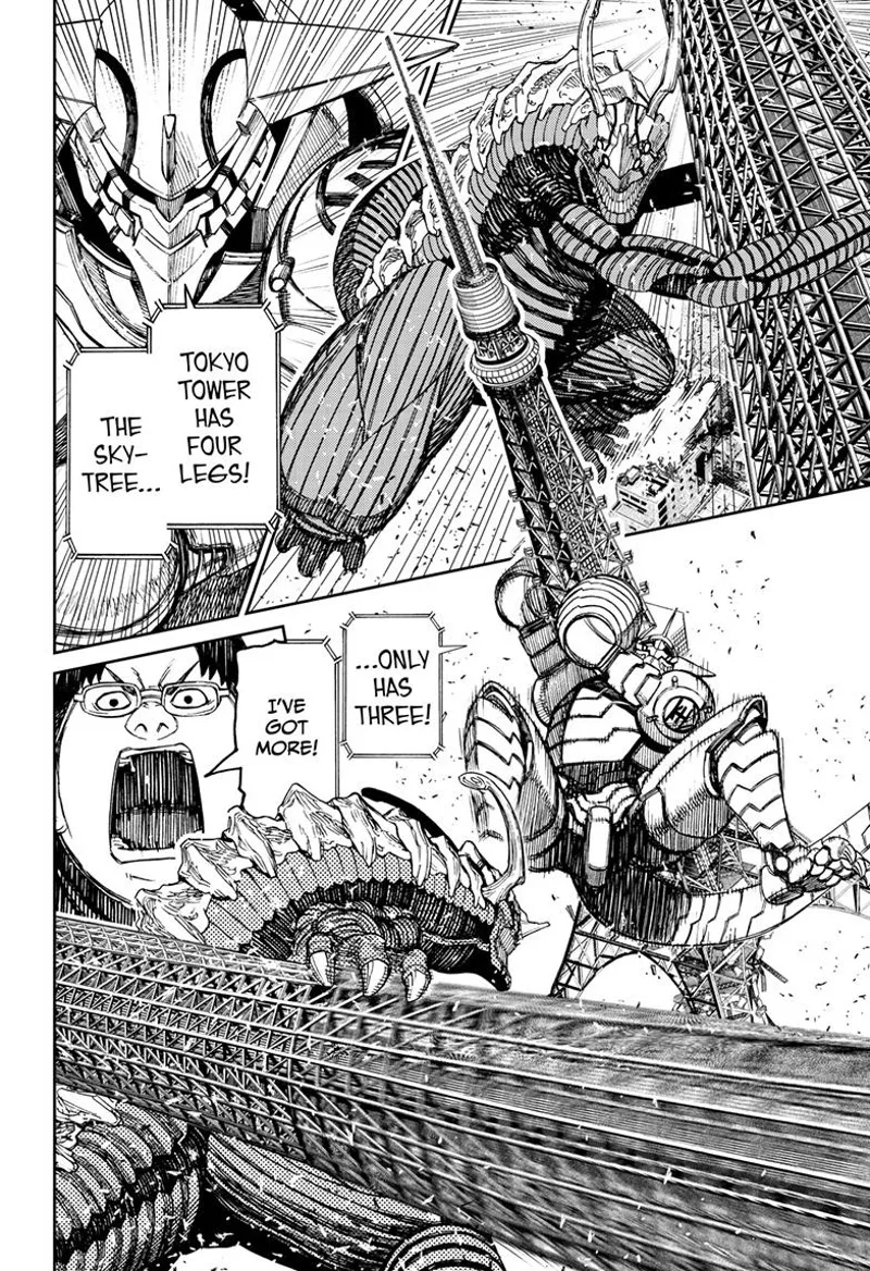 Gundam Kinta jumps and prepares to smash Alien Kaiju with his Tokyo Tower.