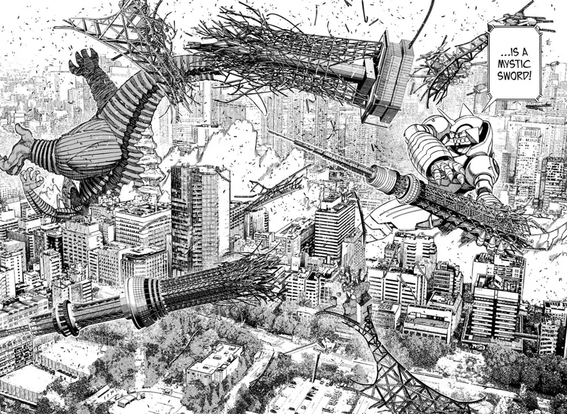 Alien Gundam tumbles backward as his Skytree Tower breaks. Gundam Kinta prepares to thrust the Tokyo Tower.