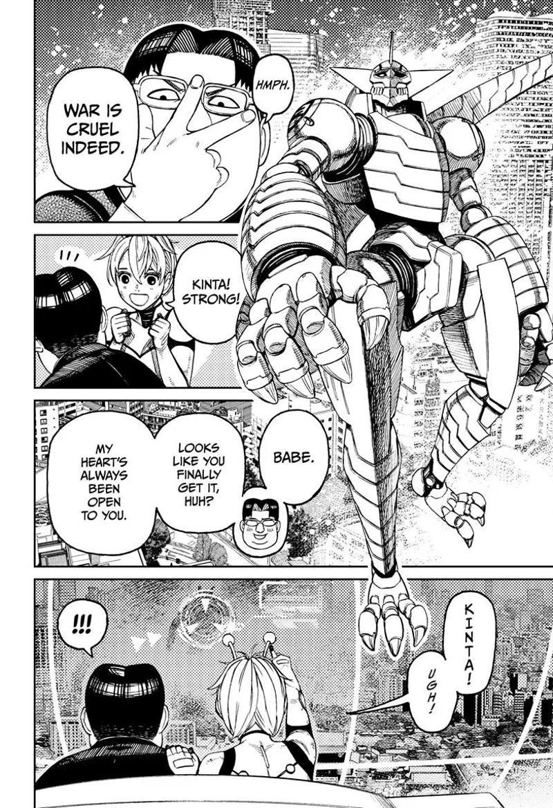 Gundam Kinta stands. Vamola is impressed at Kinta's pilotage. She sees the Kaiju's silhouette at a distance.