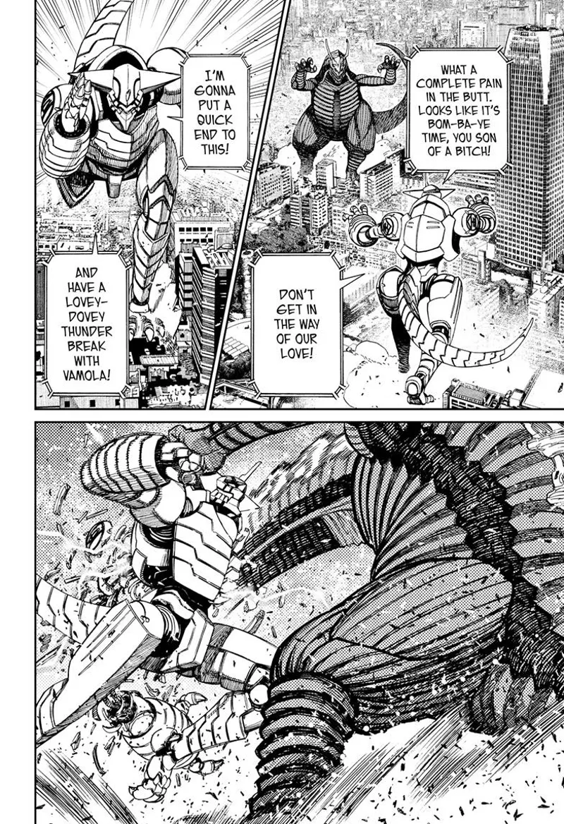 Gundam Kinta dashes at Alien Kaiju. But Alien Kaiju easily destroys his arm.