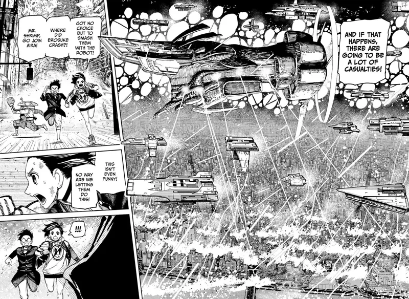 The massive mothership and its smaller spacecraft rain fire at the city. Okarun, Momo, and Mr. Shrimp run.