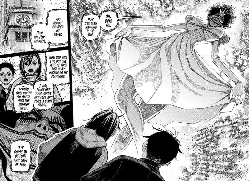 Reiko Kashima appears before Momo and Okarun at ten o'clock. She plans to trap Momo inside her mirror.