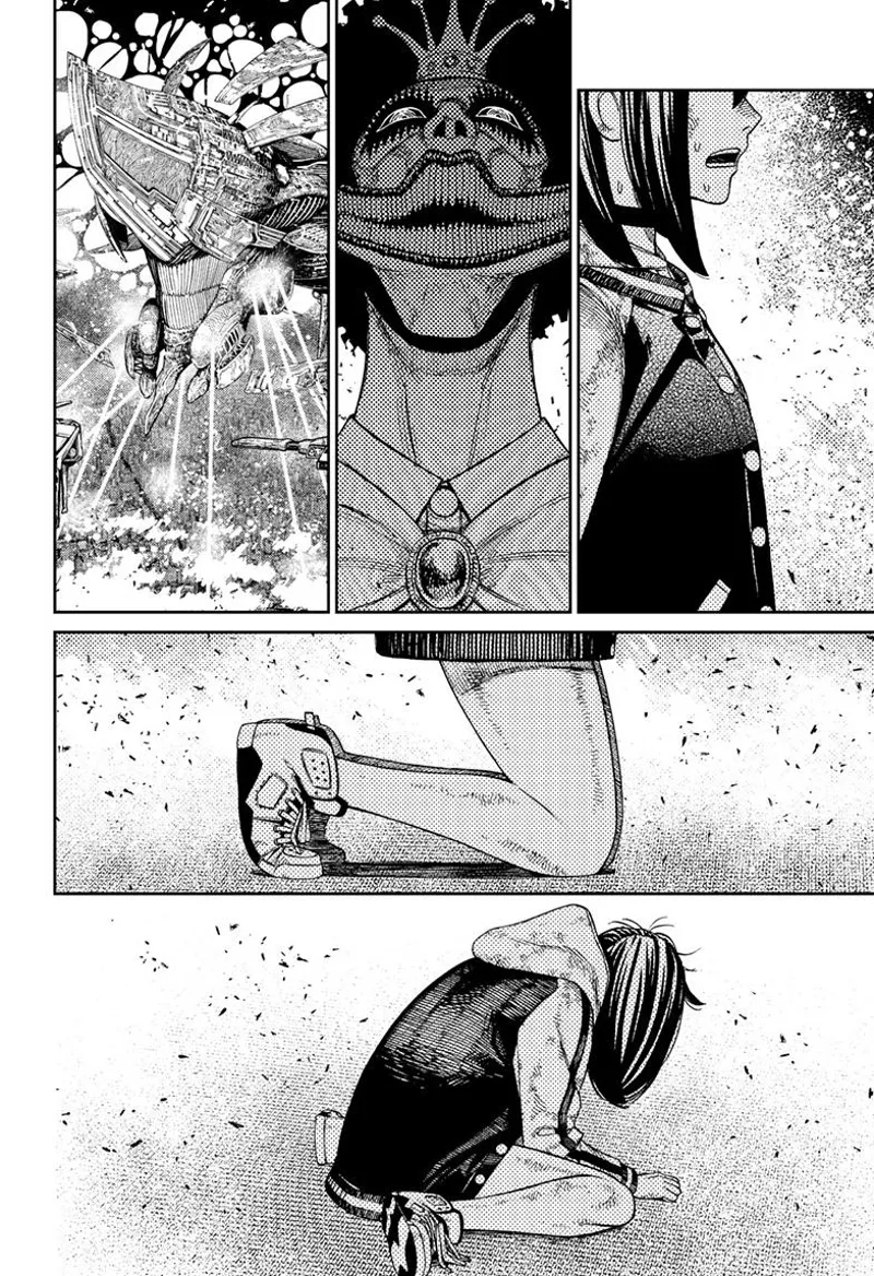 Momo kneels and sits before Reiko Kashima while the alien spaceships destroy the city.