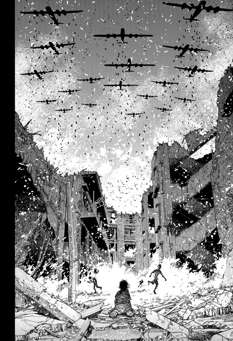 People run while the building gets destroyed after aircrafts bomb the city.