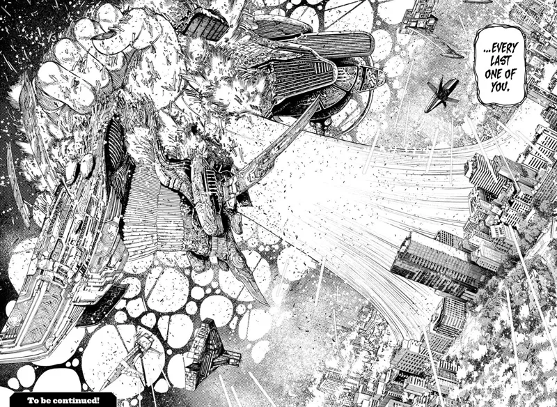 A huge arm suddenly appears from the city and grabs the alien mothership, ultimately destroying it.